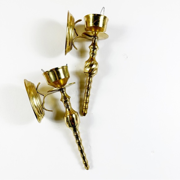 Vtg Solid Brass Wall Sconces Candleholders Hollywood Regency Style Pair - Picture 13 of 14